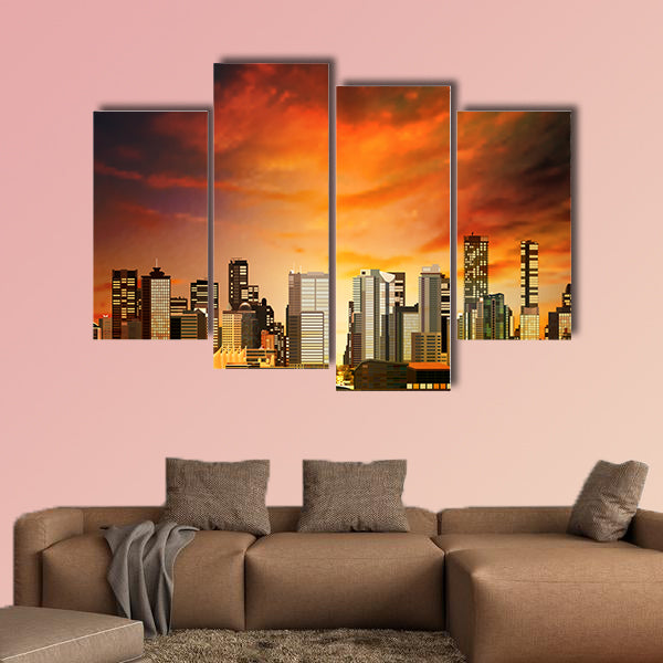 Abstract vector red sunset background with panorama of Vancouver Multi panel canvas wall art