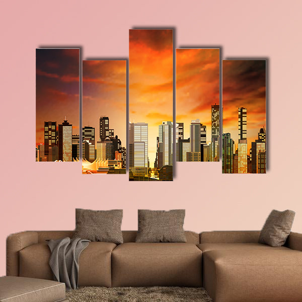 Abstract vector red sunset background with panorama of Vancouver Multi panel canvas wall art