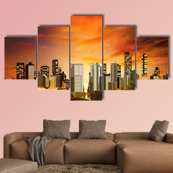 Abstract vector red sunset background with panorama of Vancouver Multi panel canvas wall art