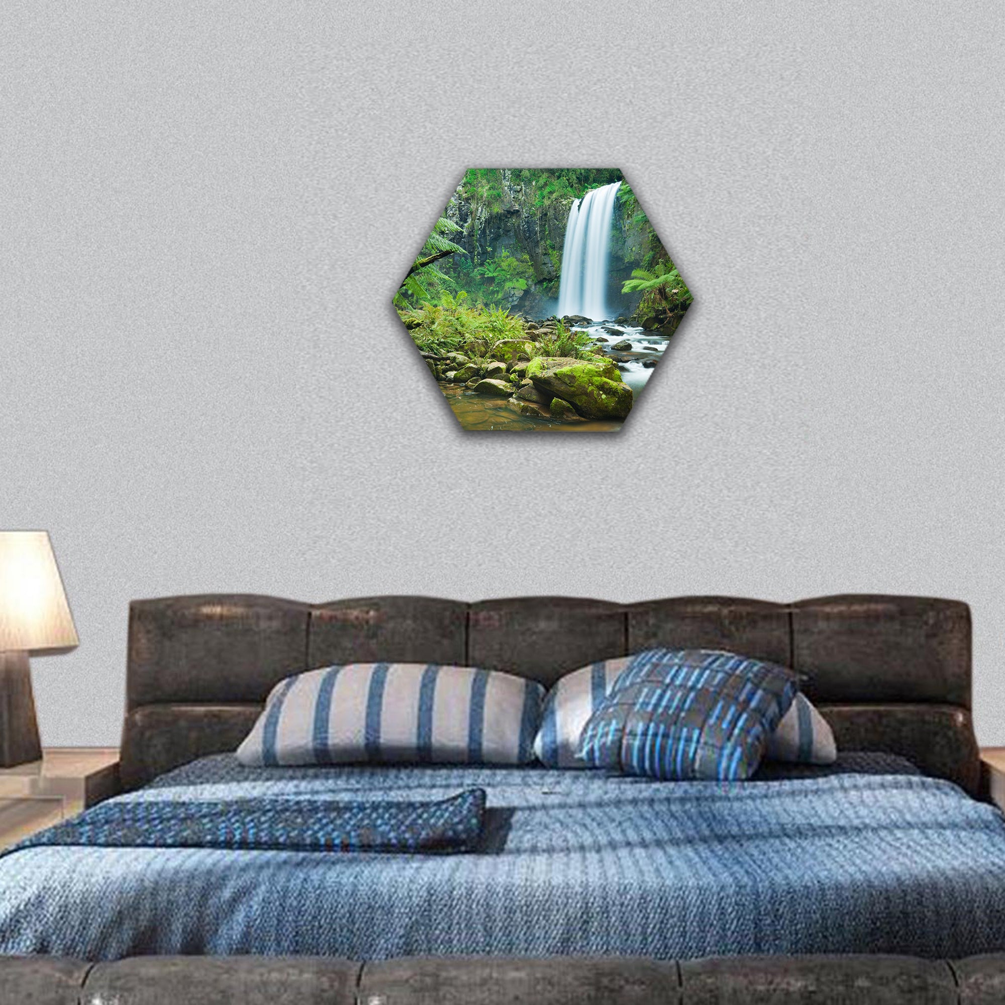 Waterfall in a lush rainforest, Australia hexagonal canvas wall art