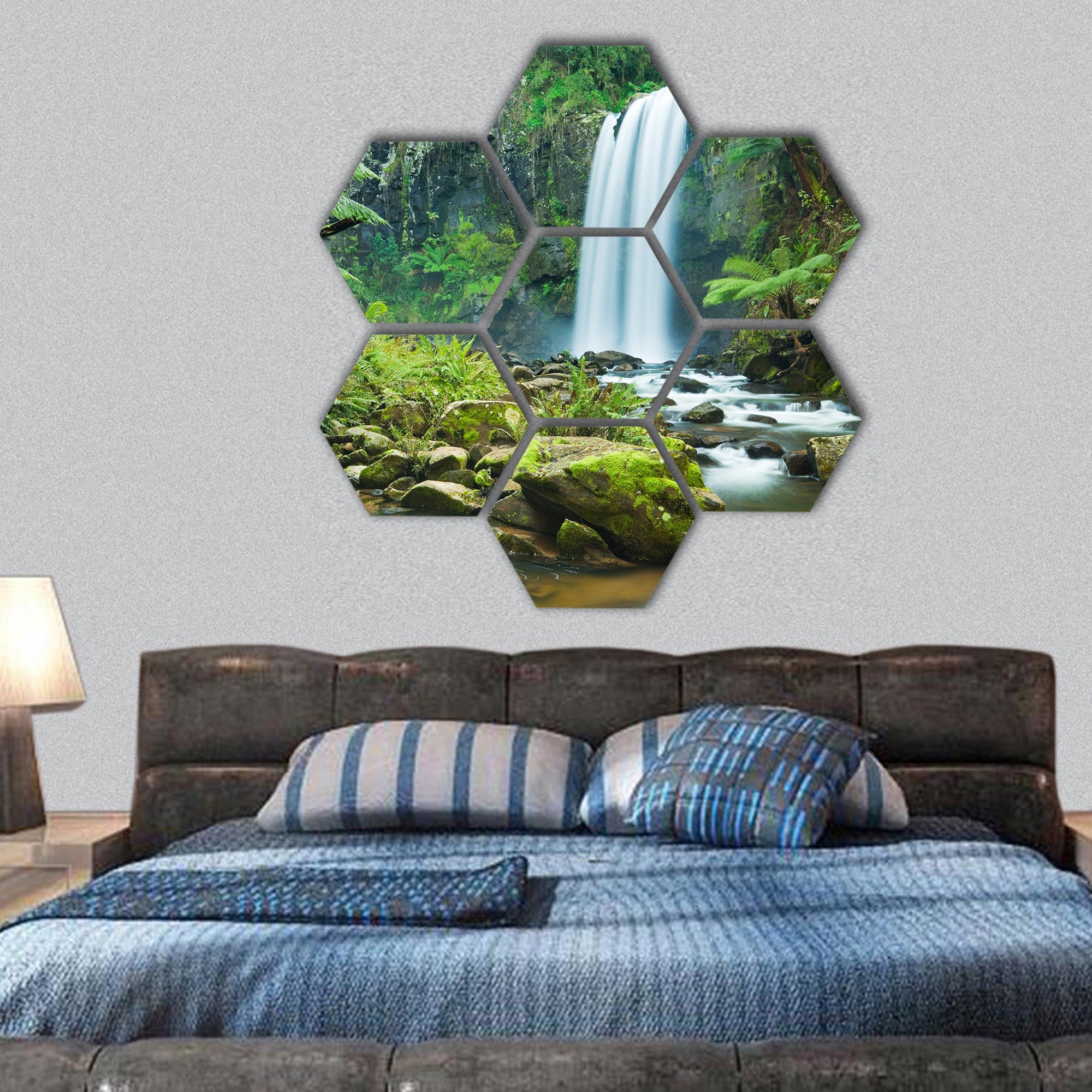 Waterfall in a lush rainforest, Australia hexagonal canvas wall art