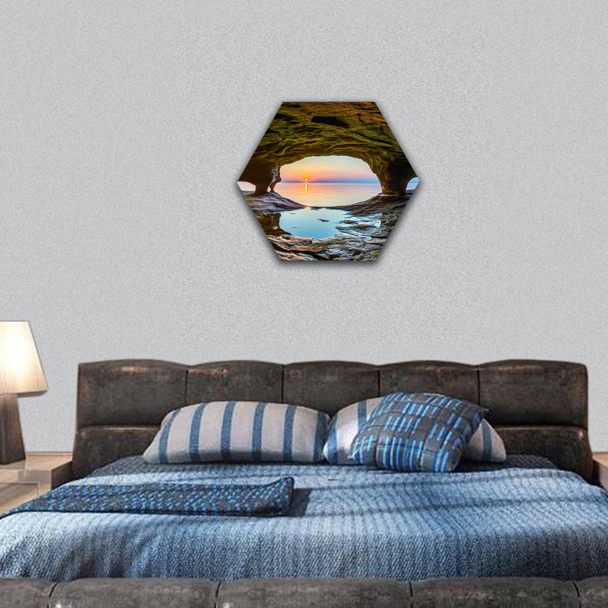 setting sun, reflected upon chilly waters of Lake Superior hexagonal canvas wall art