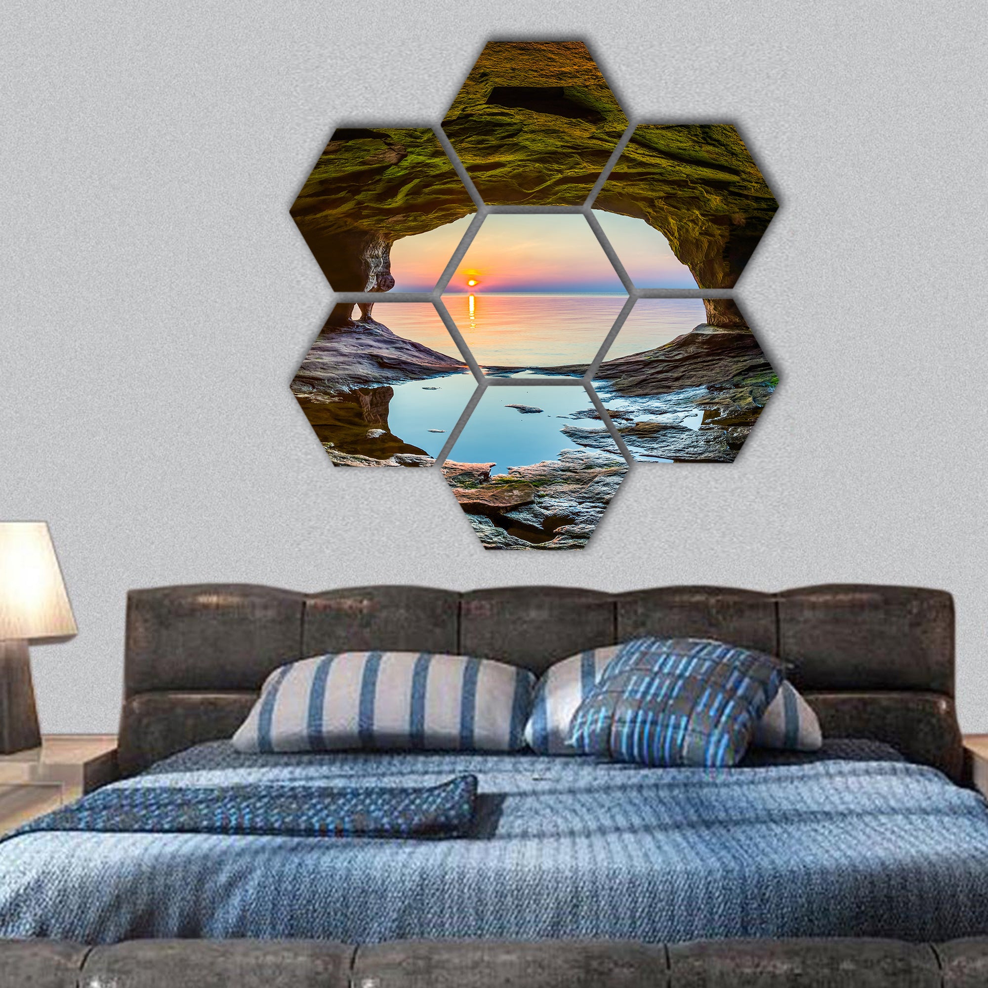 setting sun, reflected upon chilly waters of Lake Superior hexagonal canvas wall art
