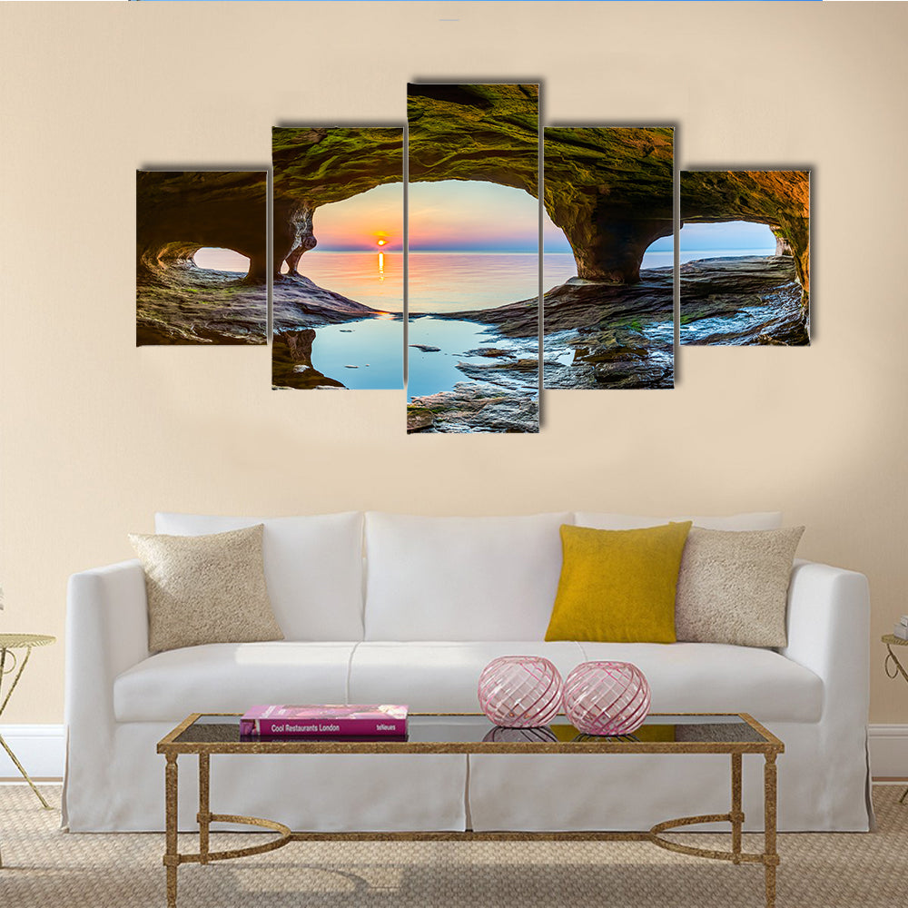 The Setting Sun, Reflected Upon The Chilly Waters Of Lake Superior Multi Panel Canvas Wall Art
