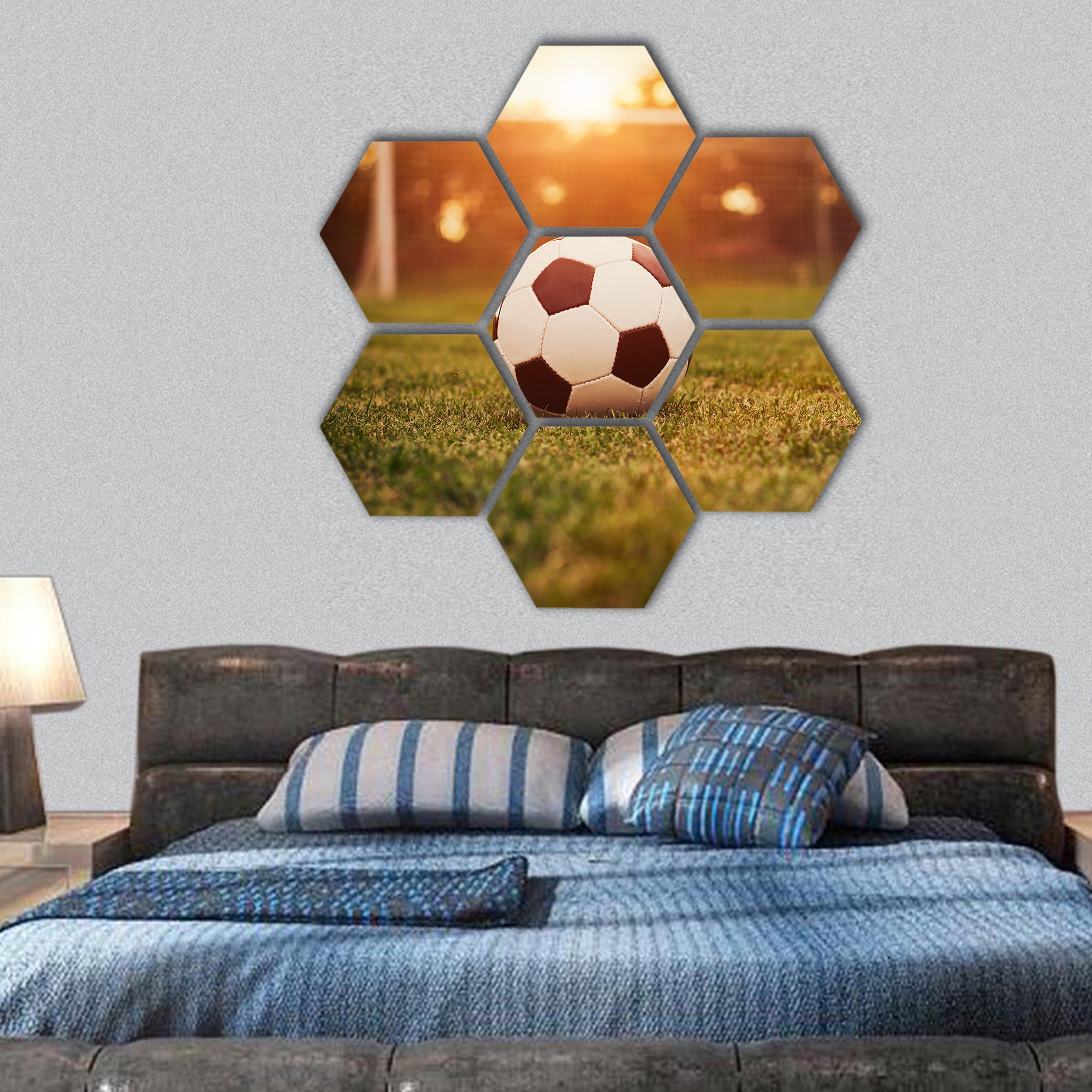Soccer in the sunset hexagonal canvas wall art