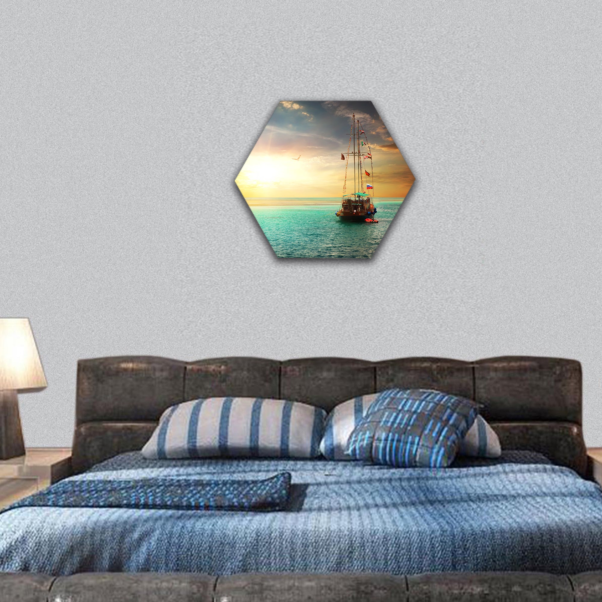 Beautiful sunset over yacht in the sea hexagonal canvas wall art