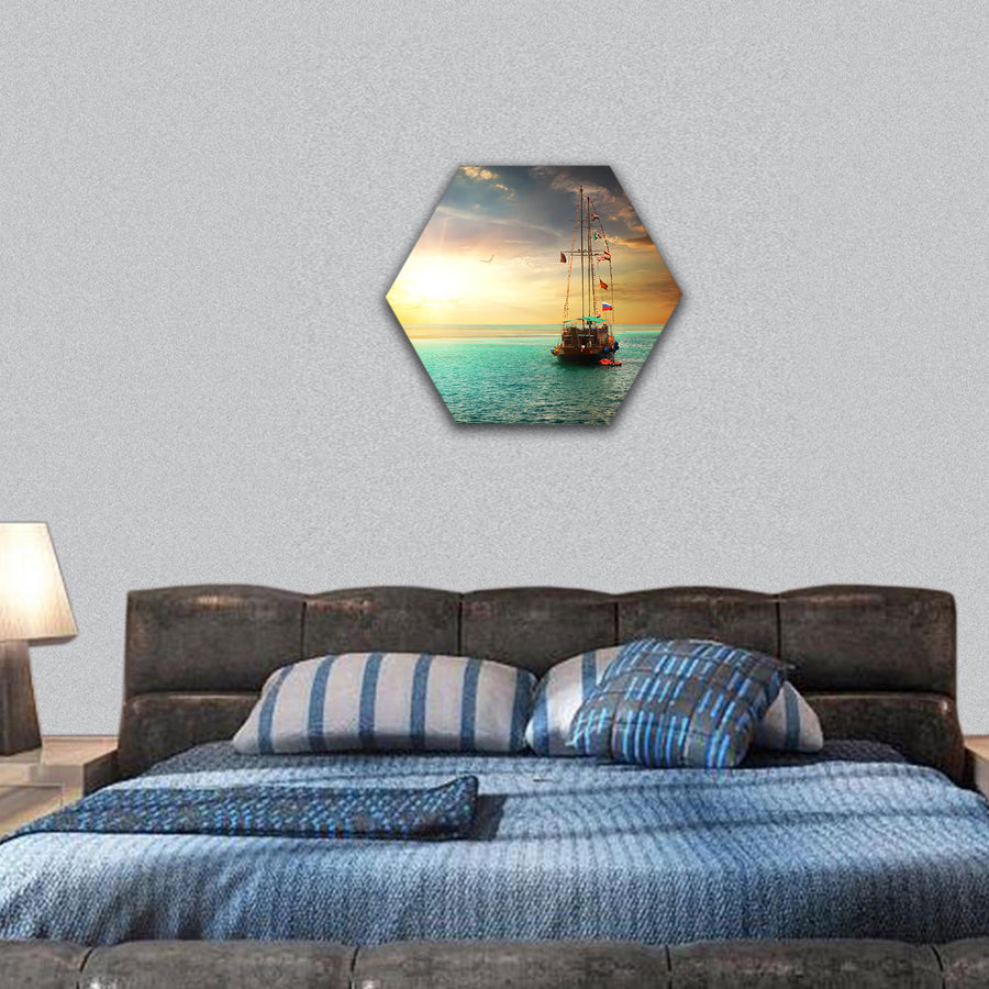 Beautiful sunset over yacht in the sea hexagonal canvas wall art
