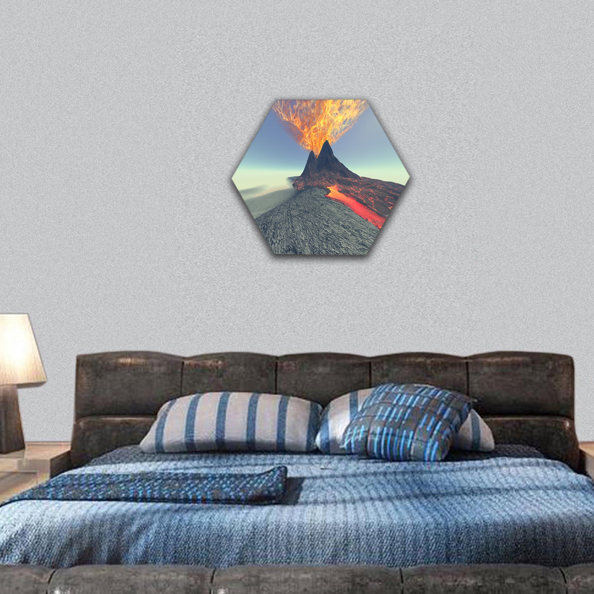 Volcano comes to life with fire, smoke and lava hexagonal canvas wall art
