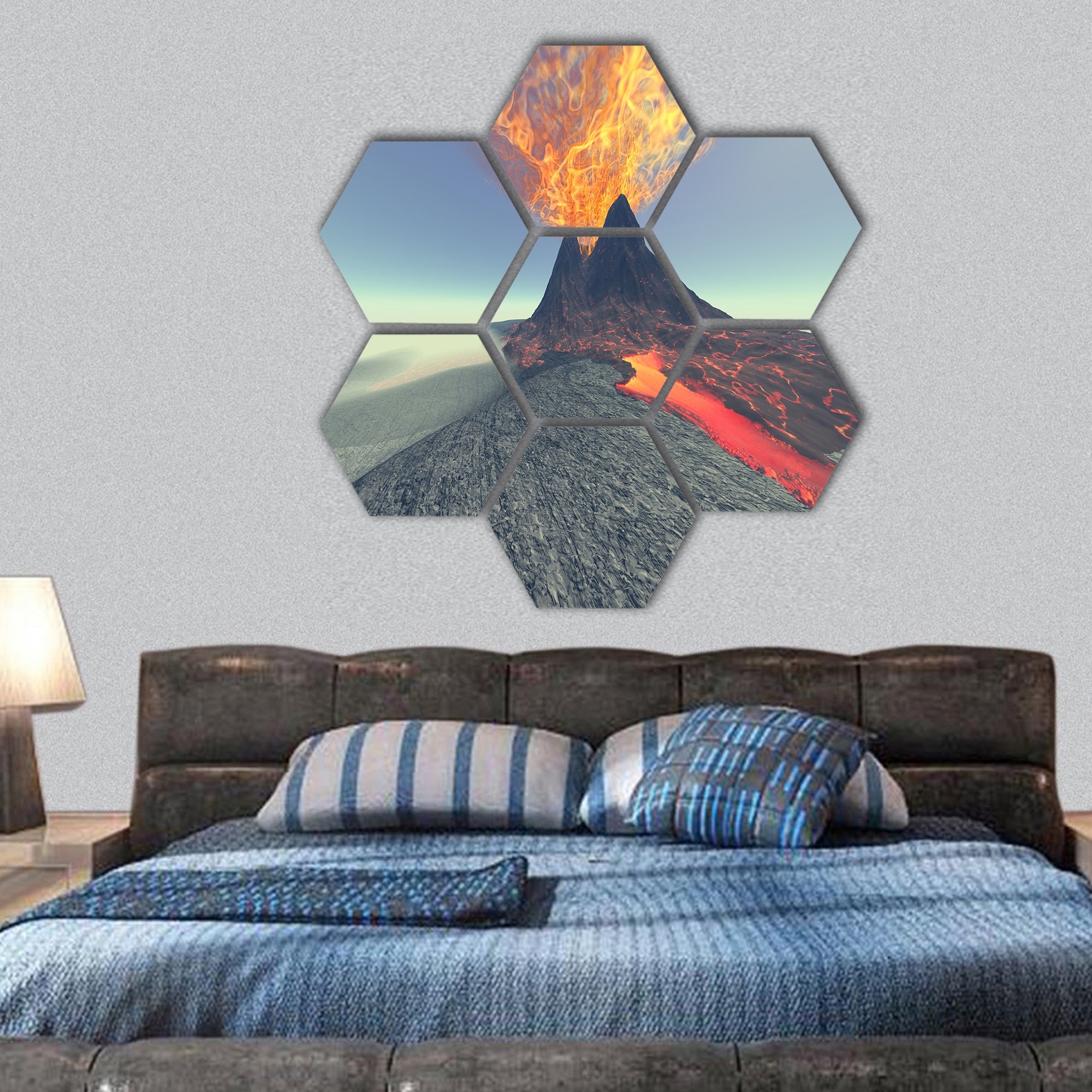 Volcano comes to life with fire, smoke and lava hexagonal canvas wall art