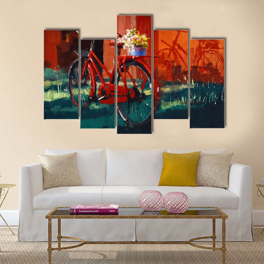 Painting of vintage bicycle with bucket full of flowers Multi Panel Canvas Wall Art