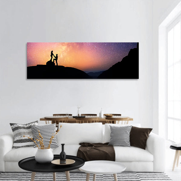 Romantic Couple and Beautiful Milky Way galaxy Panoramic Canvas Wall Art