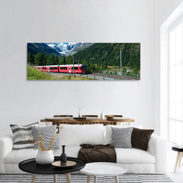 Swiss mountain train Bernina Express crossed Alps Panoramic Canvas Wall Art