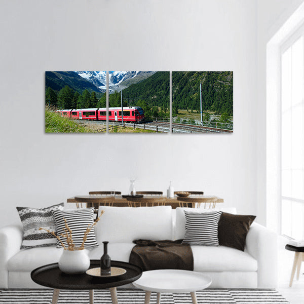 Swiss mountain train Bernina Express crossed Alps Panoramic Canvas Wall Art