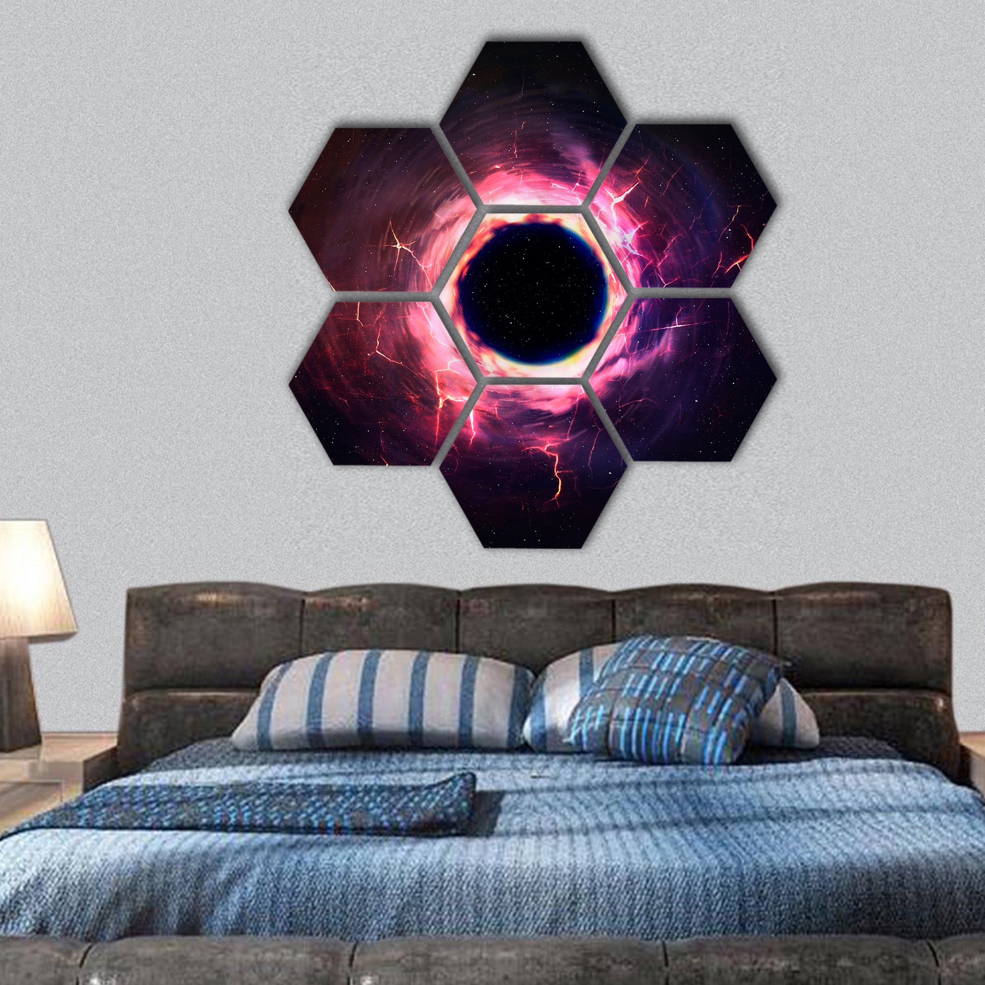 Black hole in space hexagonal canvas wall art