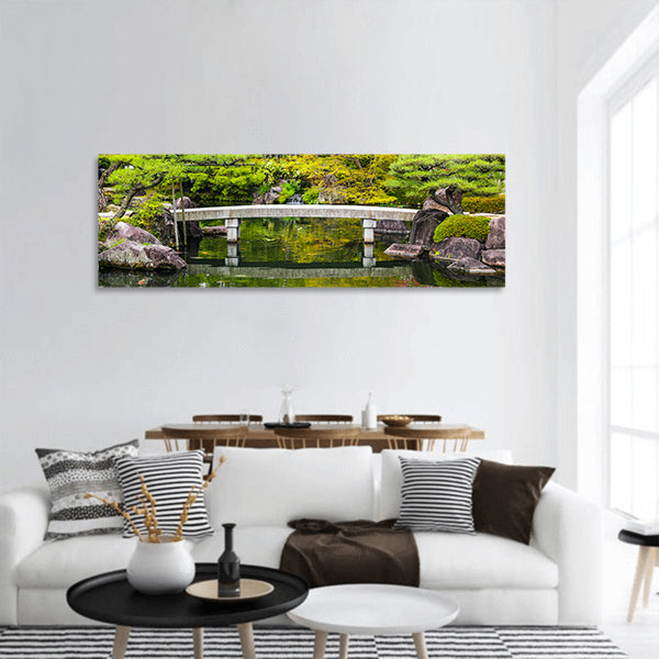Zen garden pond with bridge panoramic canvas wall art
