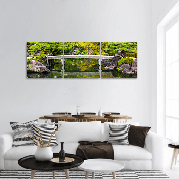 Zen garden pond with bridge panoramic canvas wall art