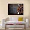 Top view of three different varieties of coffee beans Multi Panel Canvas Wall Art