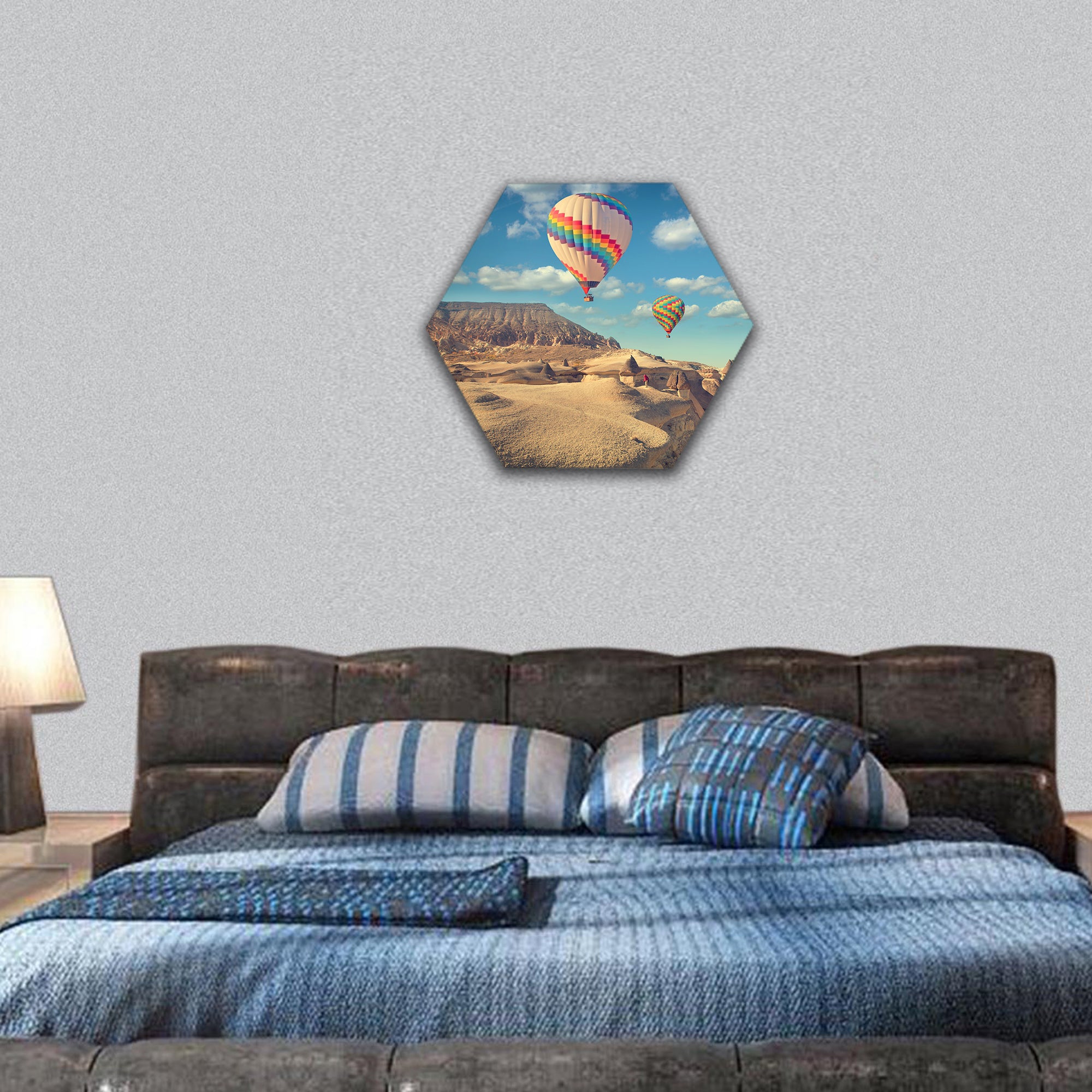 hot air balloon flying rock landscape at Cappadocia Turkey hexagonal canvas wall art