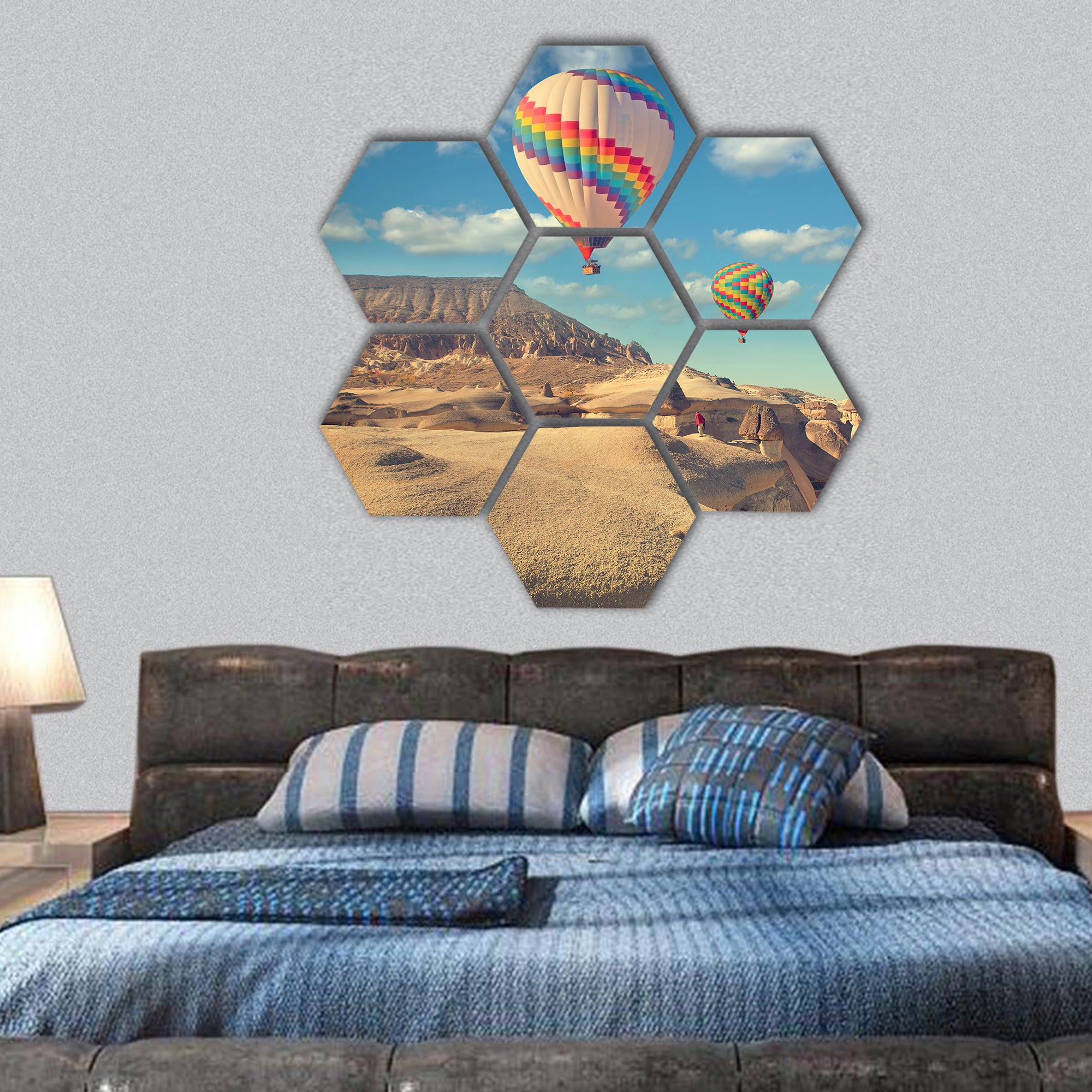 hot air balloon flying rock landscape at Cappadocia Turkey hexagonal canvas wall art