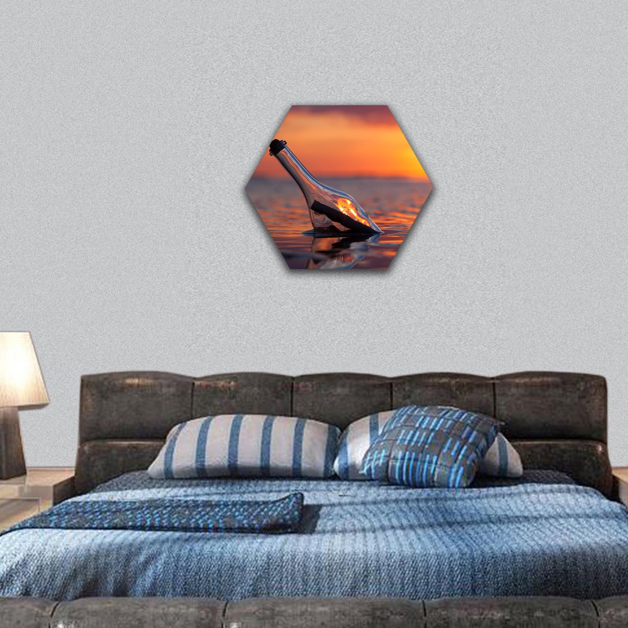 Bottle with a message in the sea at sunset hexagonal canvas wall art