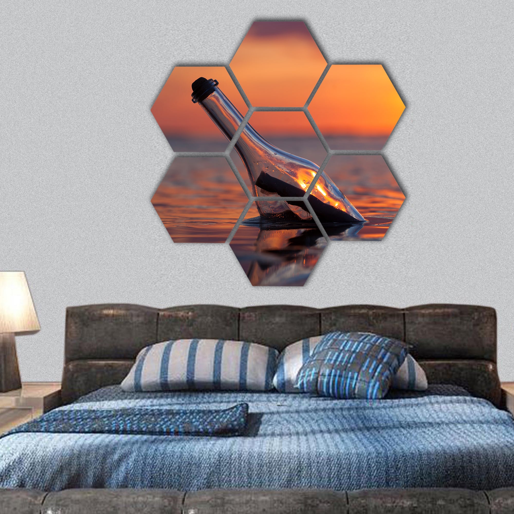 Bottle with a message in the sea at sunset hexagonal canvas wall art