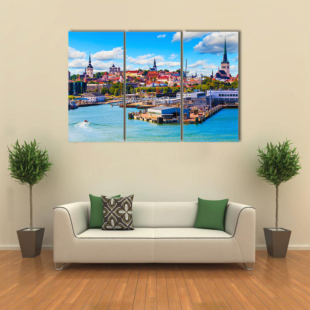 Old Town and sea port harbor in Tallinn, Estonia multi panel canvas wall art