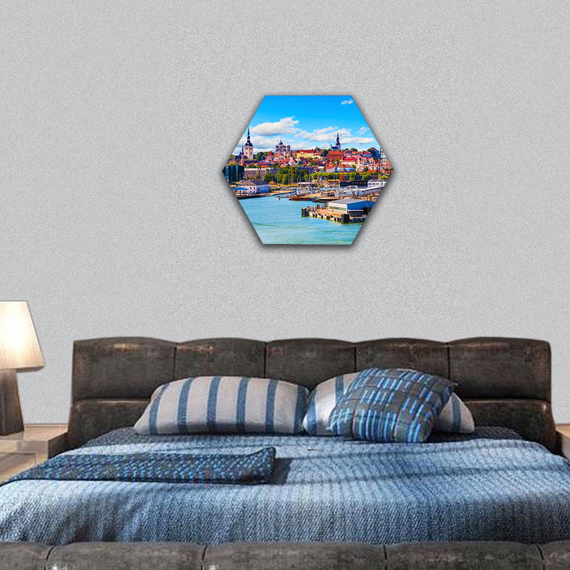 Old Town and sea port harbor in Tallinn, Estonia hexagonal canvas wall art