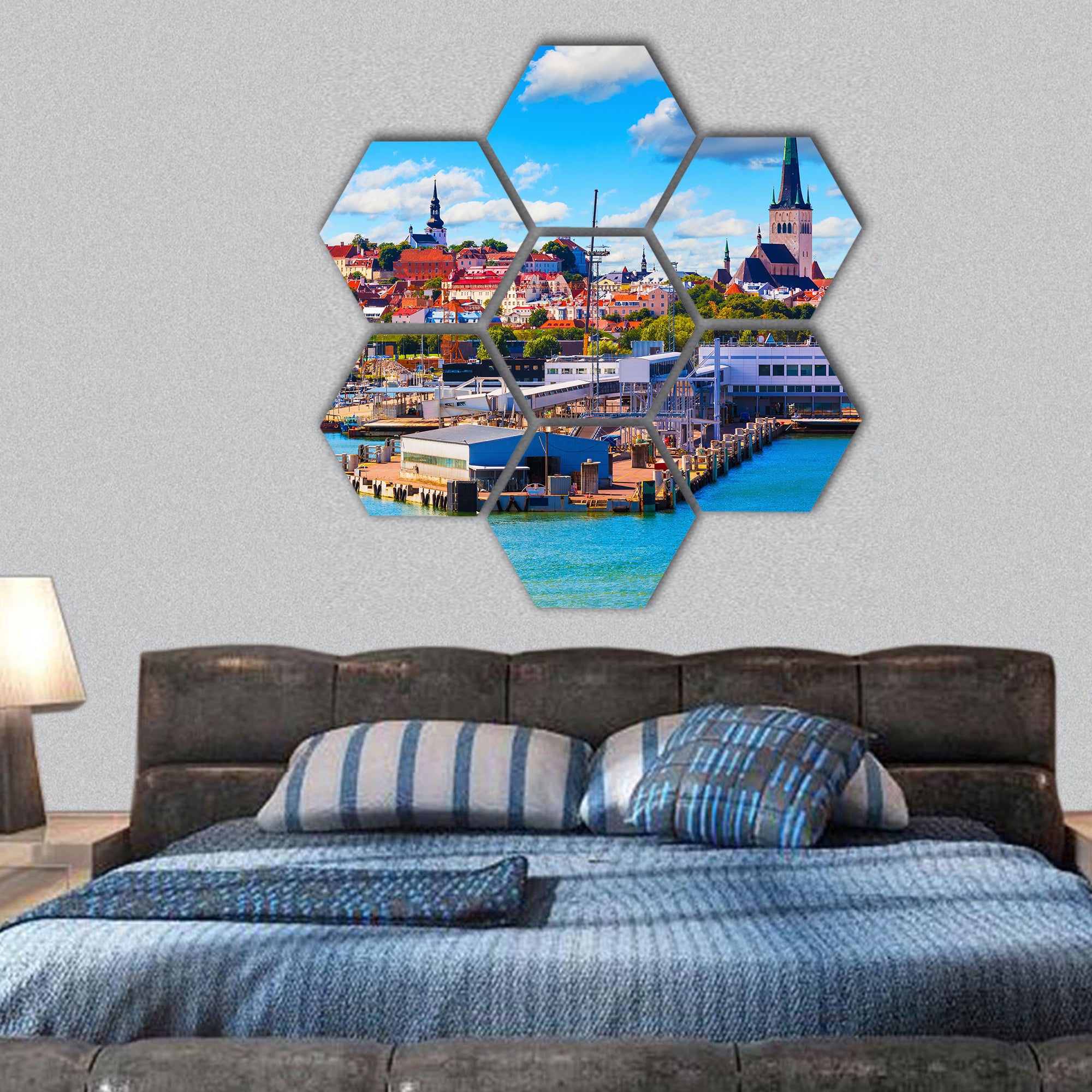 Old Town and sea port harbor in Tallinn, Estonia hexagonal canvas wall art