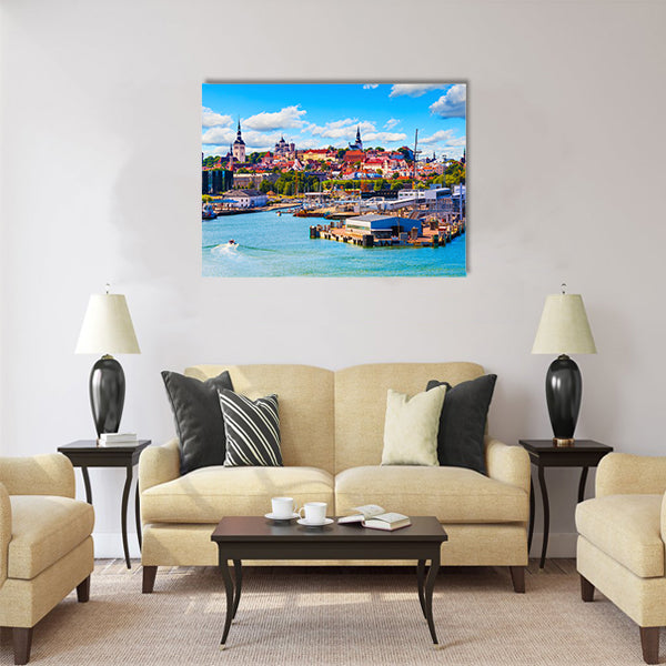 Scenic summer view of the Old Town and sea port harbor Multi panel canvas wall art
