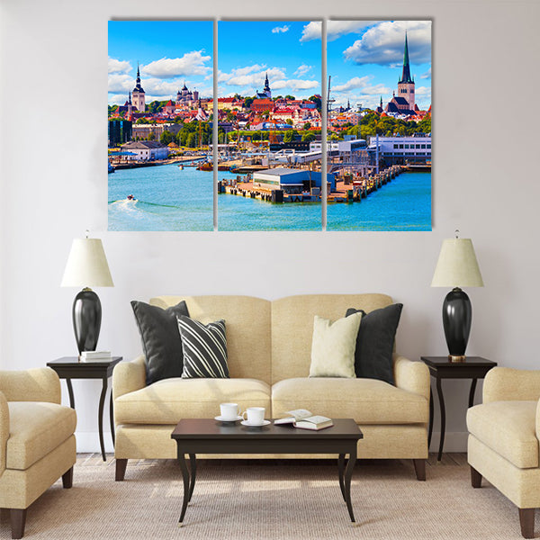Scenic summer view of the Old Town and sea port harbor Multi panel canvas wall art