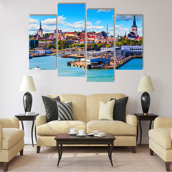 Scenic summer view of the Old Town and sea port harbor Multi panel canvas wall art