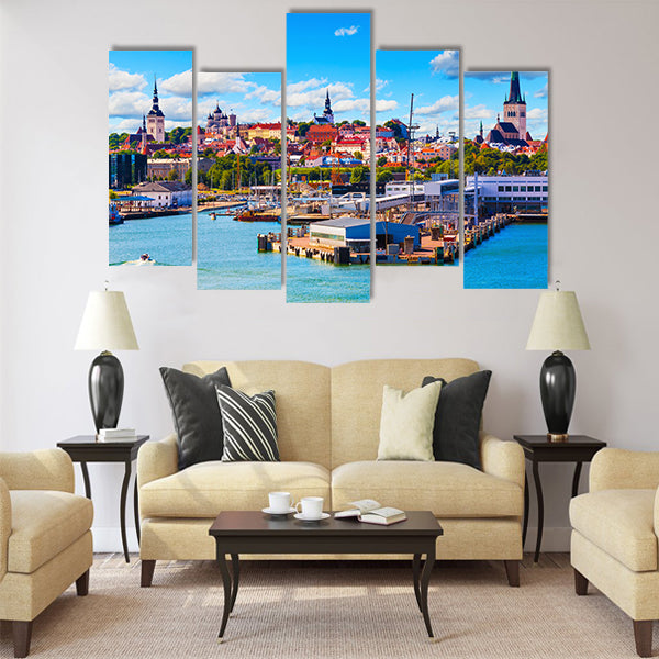 Scenic summer view of the Old Town and sea port harbor Multi panel canvas wall art