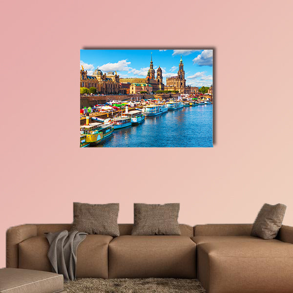 Scenic summer view of the Old Town architecture embankment in Dresden, Germany multi panel canvas wall art