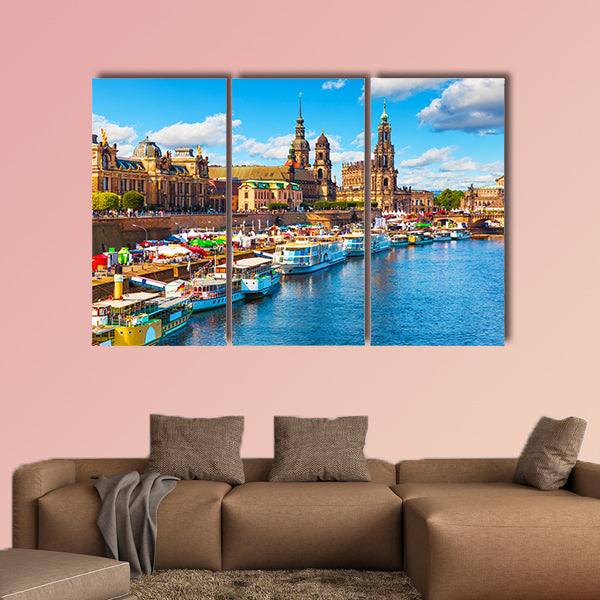 Scenic summer view of the Old Town architecture embankment in Dresden, Germany multi panel canvas wall art