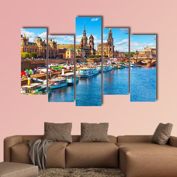 Scenic summer view of the Old Town architecture embankment in Dresden, Germany multi panel canvas wall art