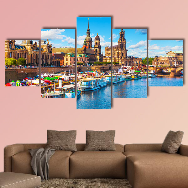 Scenic summer view of the Old Town architecture embankment in Dresden, Germany multi panel canvas wall art