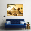 Palms near sphinx and Pyramid in Egyptian Desert Multi Panel Canvas Wall Art