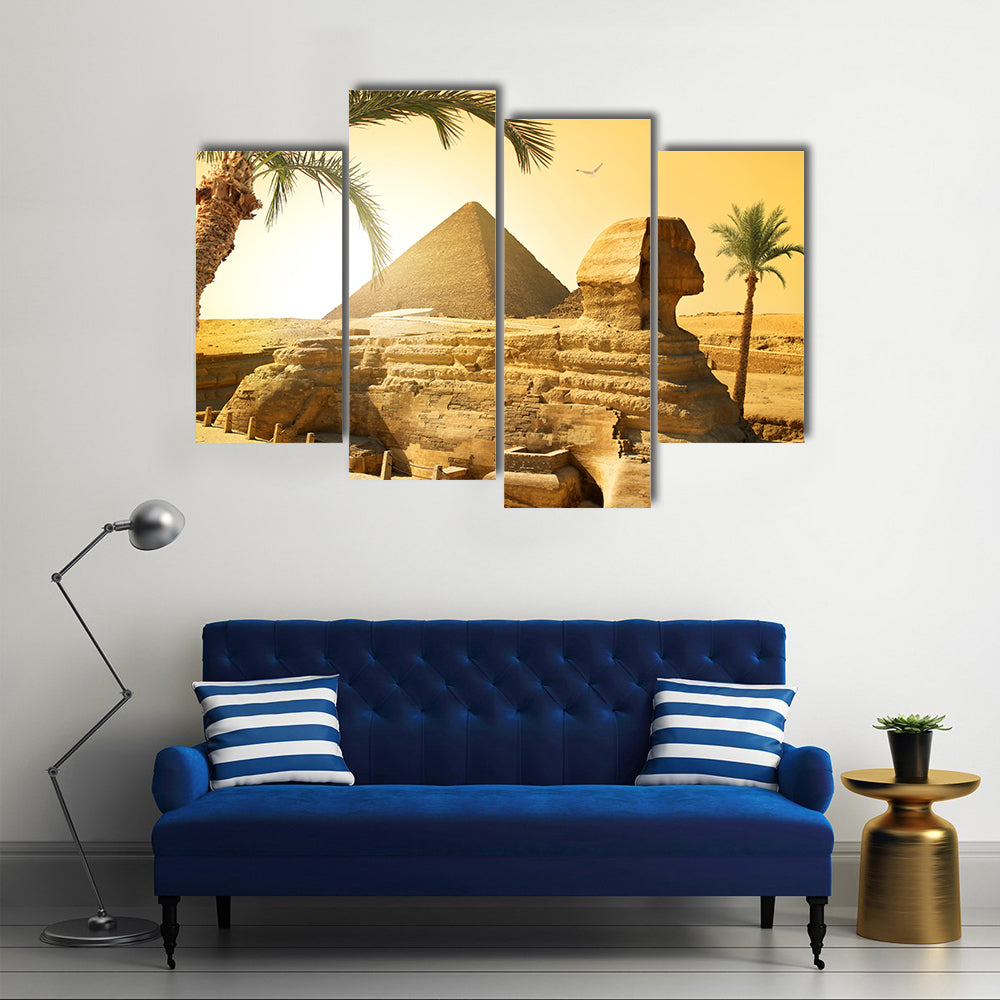 Palms near sphinx and Pyramid in Egyptian Desert Multi Panel Canvas Wall Art