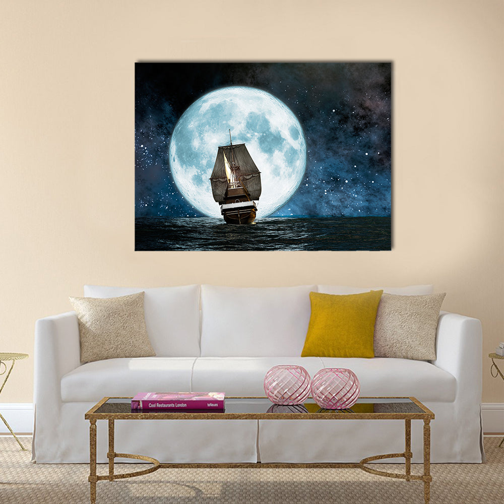 moon, boat and reflection in the water .Multi Panel Canvas Wall Art