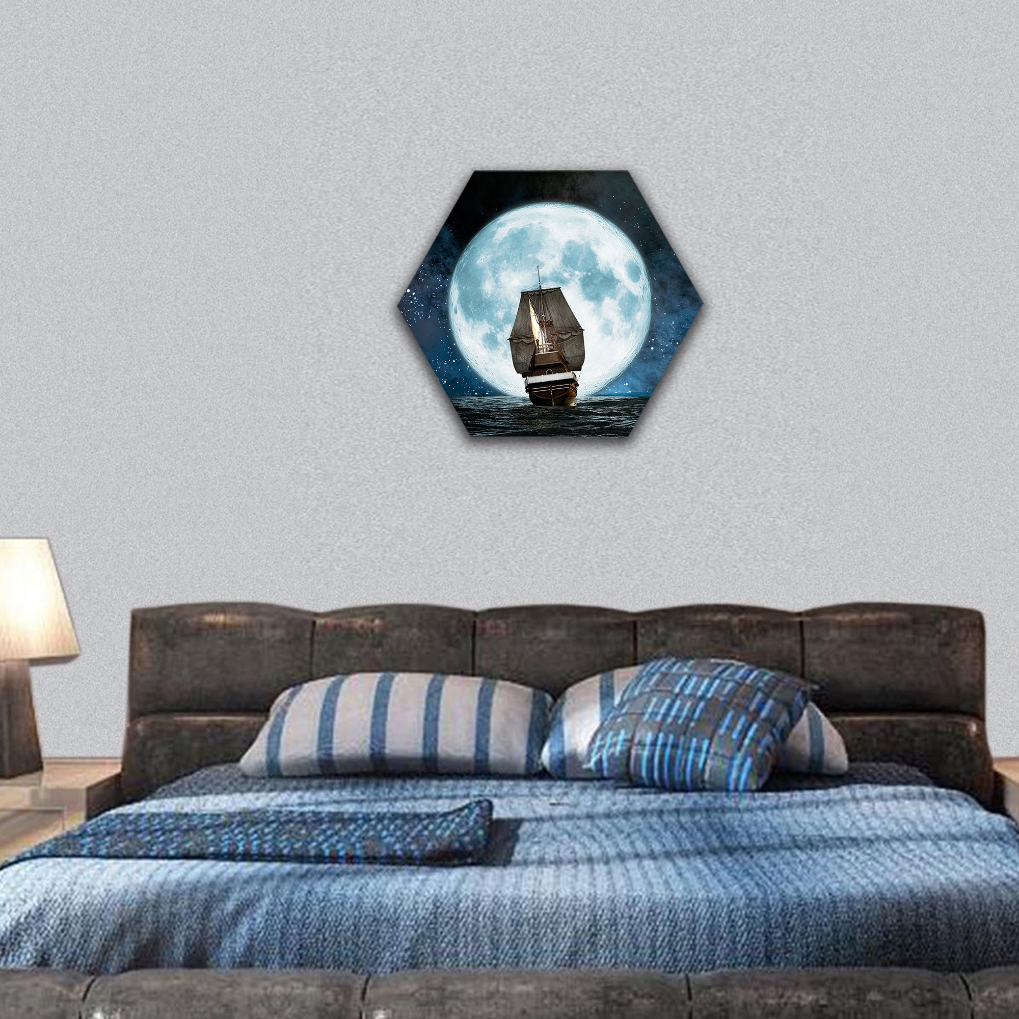 moon, boat and reflection in the water hexagonal canvas wall art