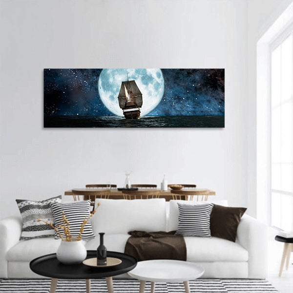 Moon, boat and reflection in the water panoramic canvas wall art