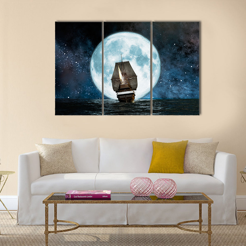 moon, boat and reflection in the water .Multi Panel Canvas Wall Art