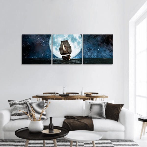 Moon, boat and reflection in the water panoramic canvas wall art