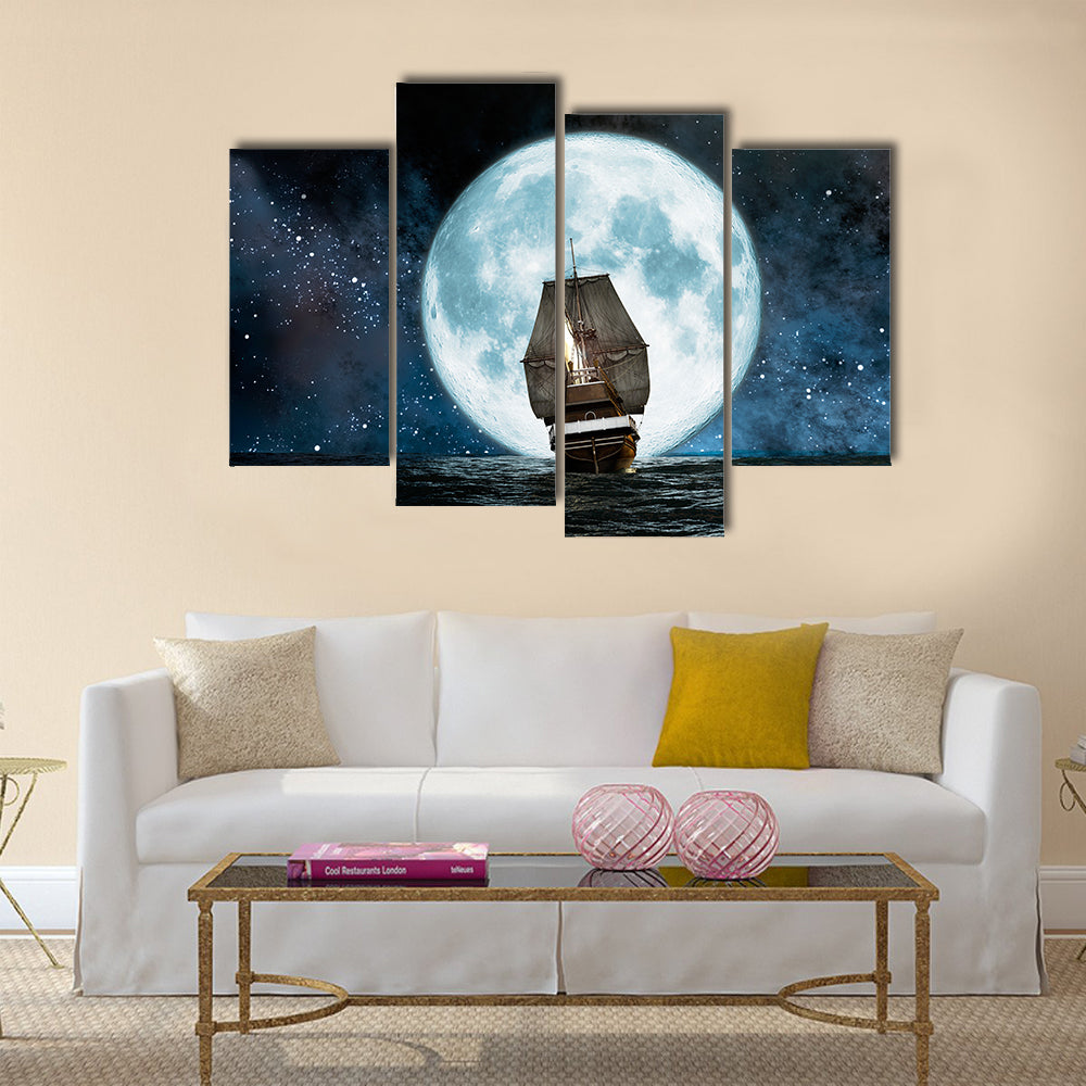 moon, boat and reflection in the water .Multi Panel Canvas Wall Art