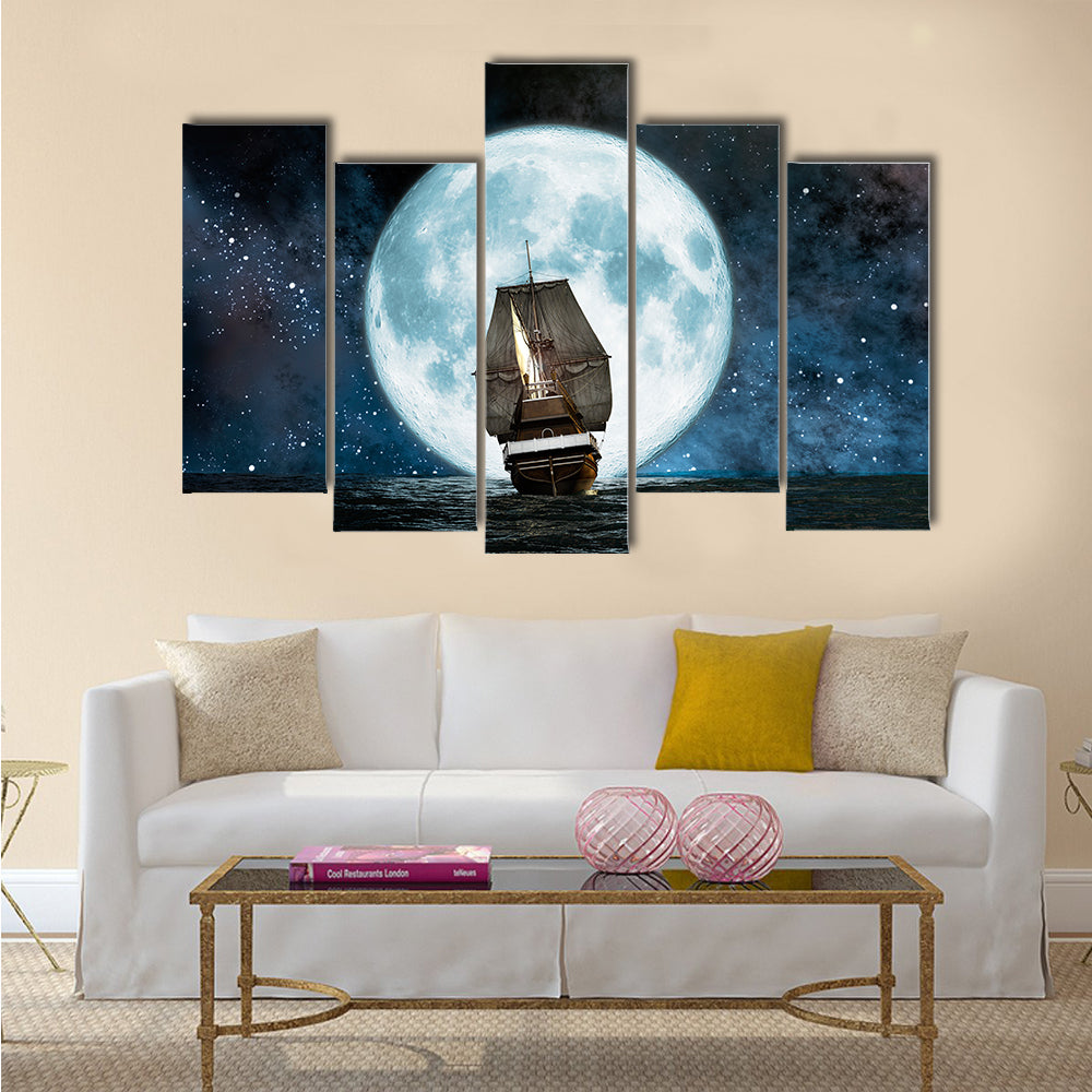 moon, boat and reflection in the water .Multi Panel Canvas Wall Art