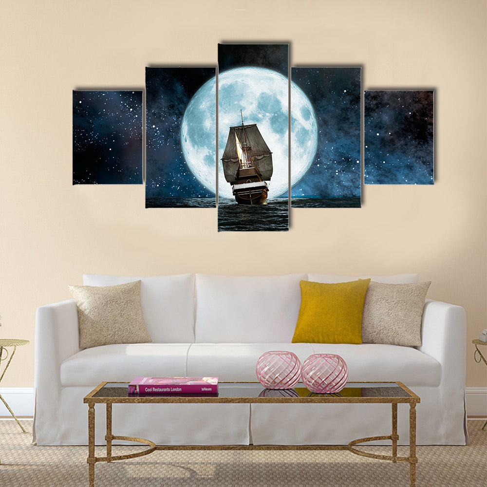 moon, boat and reflection in the water .Multi Panel Canvas Wall Art