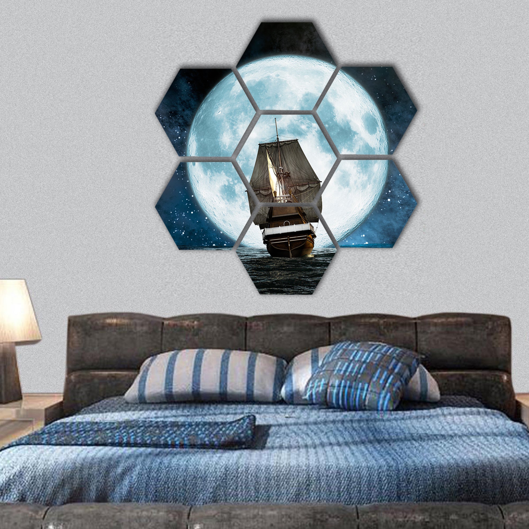 moon, boat and reflection in the water hexagonal canvas wall art