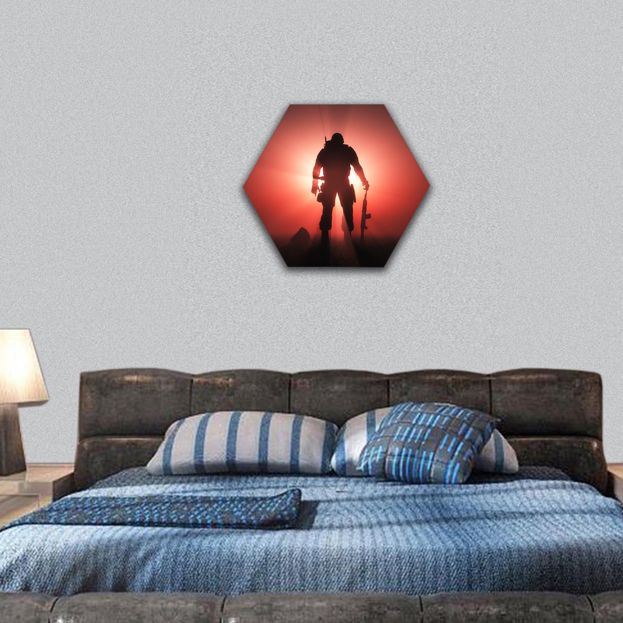 Silhouette of a soldier on a red background hexagonal canvas wall art