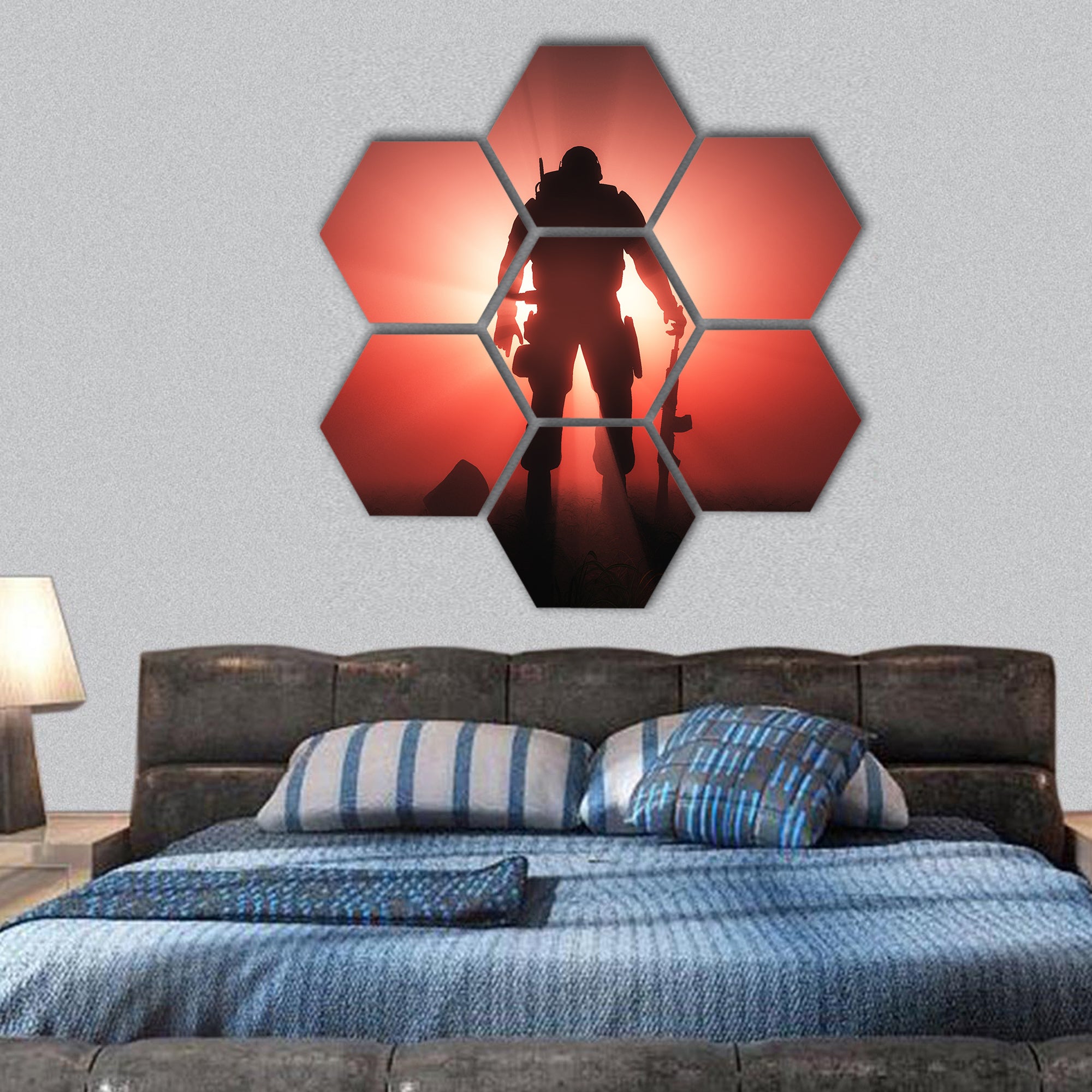 Silhouette of a soldier on a red background hexagonal canvas wall art