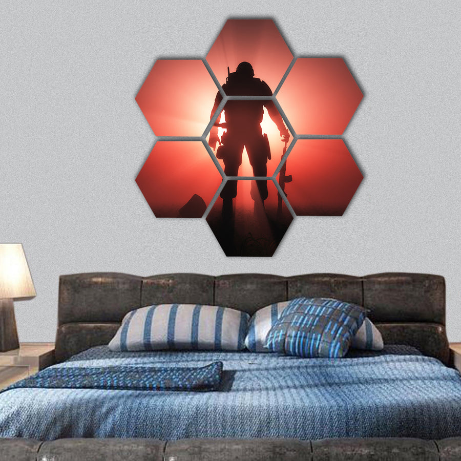 Silhouette of a soldier on a red background hexagonal canvas wall art